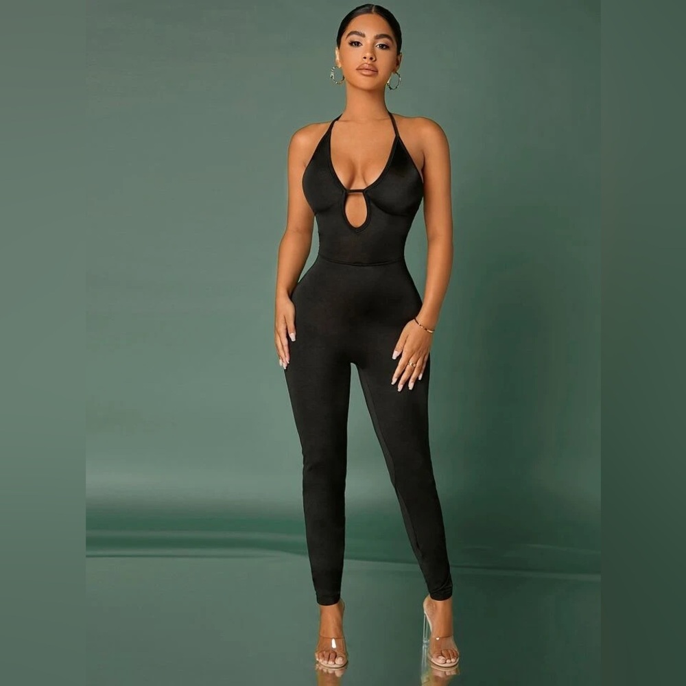 Backless Cut Out Plunging Neck Halter Jumpsuit